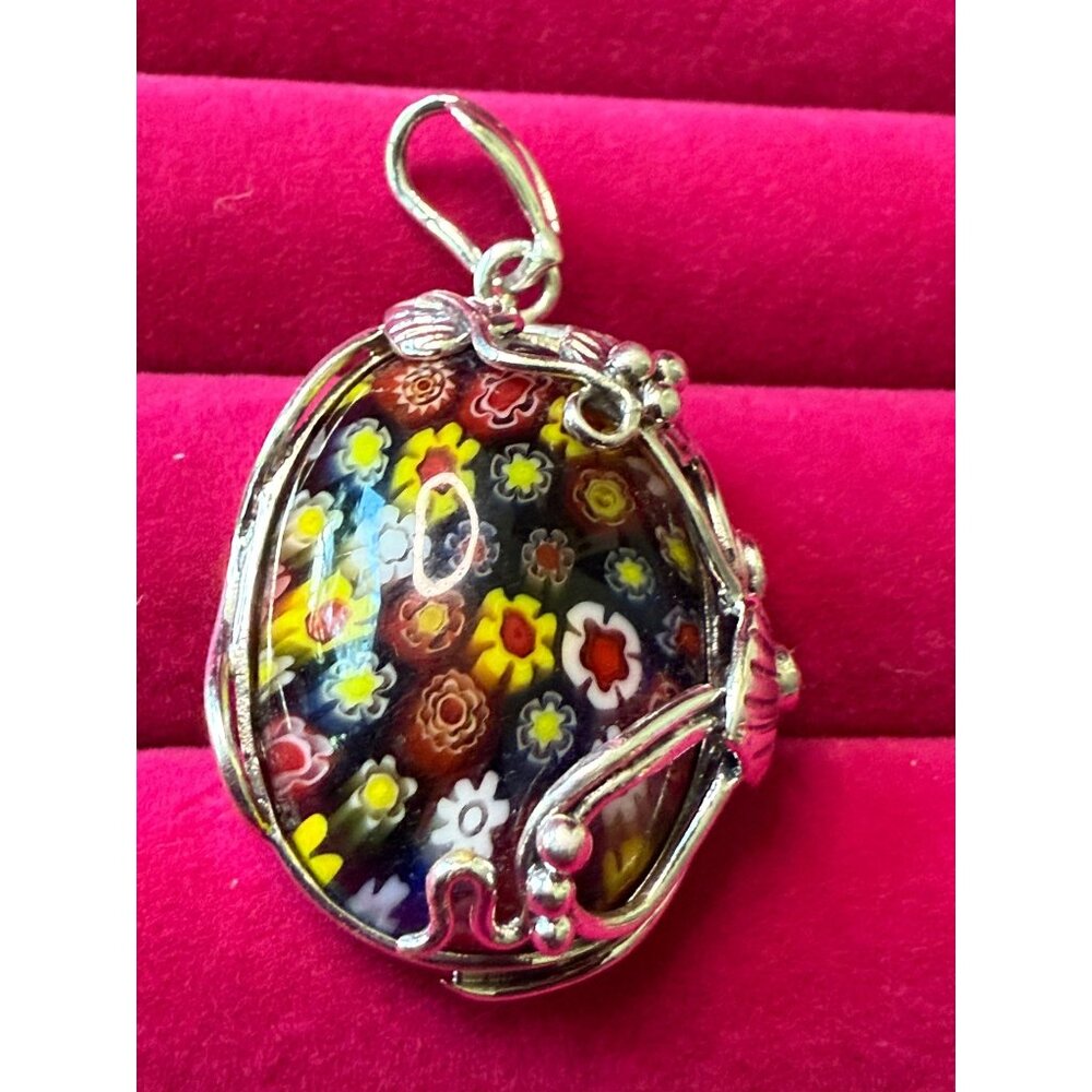 Colorful Millefiori Glass Cabachon & Sterling Silver 925 Pendant